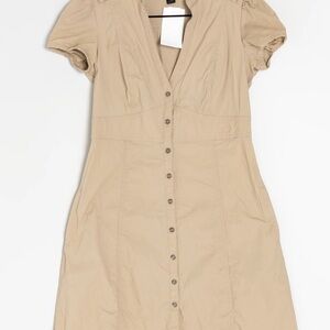 Mango Tan Sheath Dress with Puff Cap Sleeves and Plunge Neckline